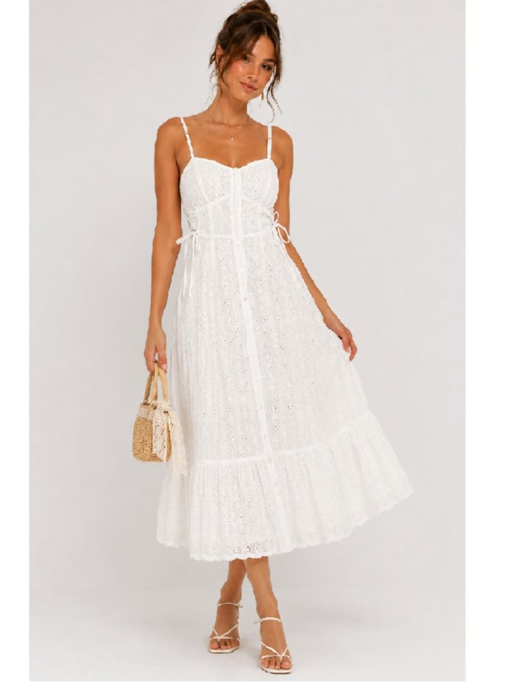 Chaudry White Eyelet Embroidered Midi Dress Cottagecore Resort Size Small